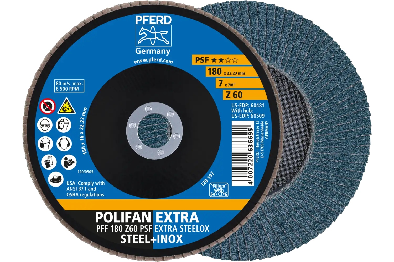 Picture of Pferd Flap Disc, 7" x 7/8, Z PSF Extra Steelox, 60 Grit, T27, Flat, Zirconia